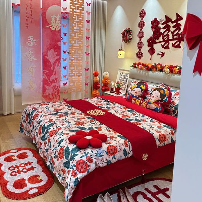 New Chinese Wedding 200 Thread Count Pure Cotton Wedding Four-Piece Set Bright Red All Cotton Duvet Cover Dowry Wedding Quilt Gift Bedding A