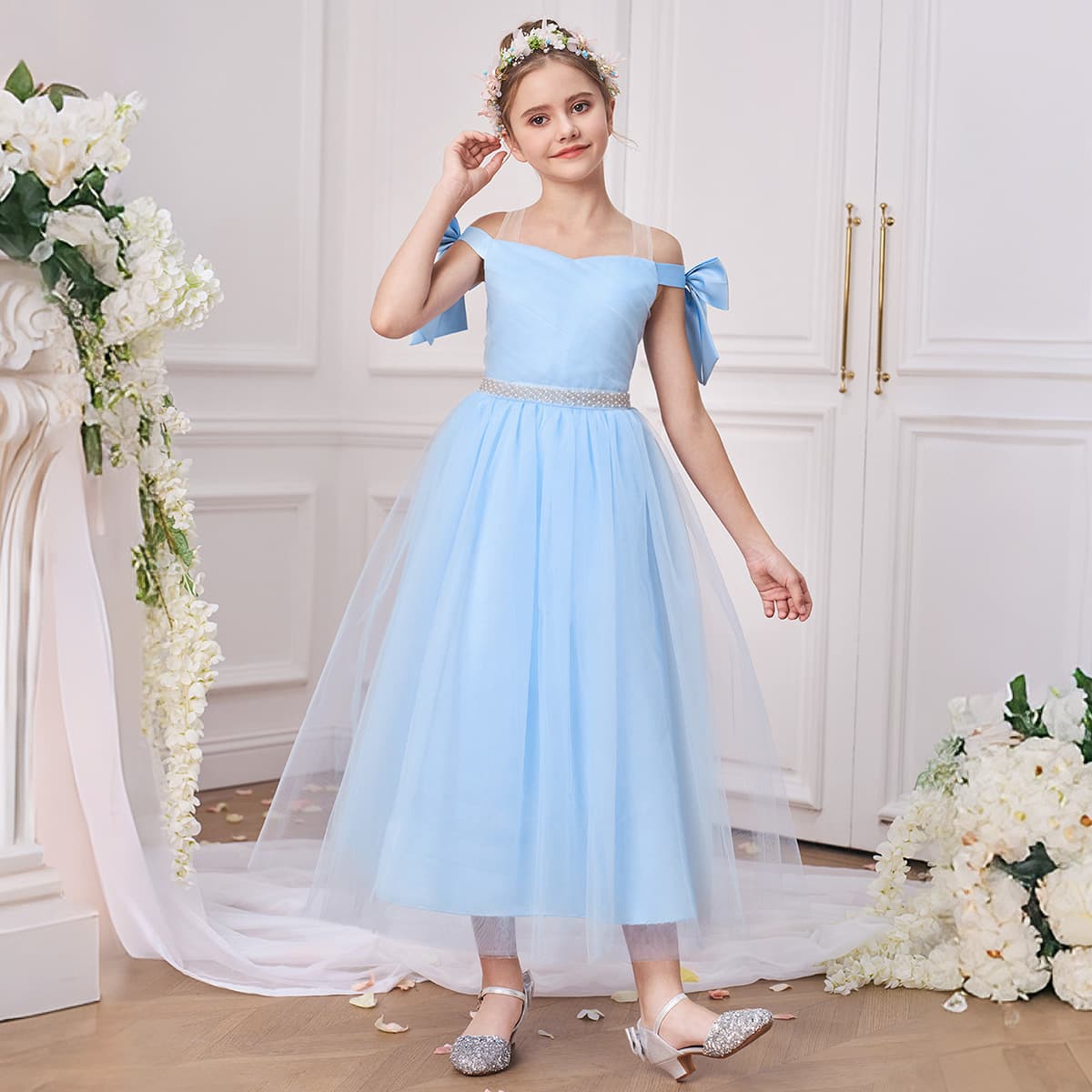 Summer new children's dress European and American cross-border fluffy princess dress one-shoulder bow waist girl's dress