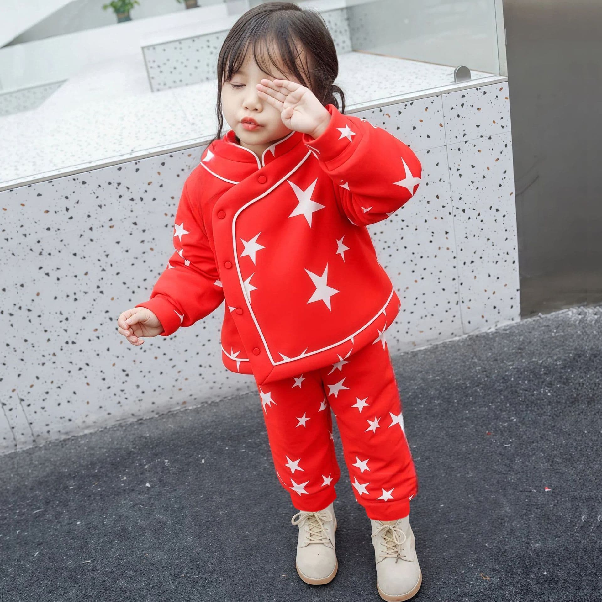 Baby Winter Fleece-Lined Girls' Two-Piece Warm Romper New Year First Birthday 100-Day Celebration Dress Sweet Outfit Set
