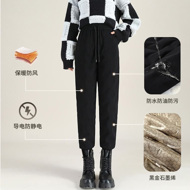 Women's Duck Down Pants 2025 Winter Outerwear Graphene Black Gold Warm Fleece-Lined Windproof Cotton Pants High Waist Slimming