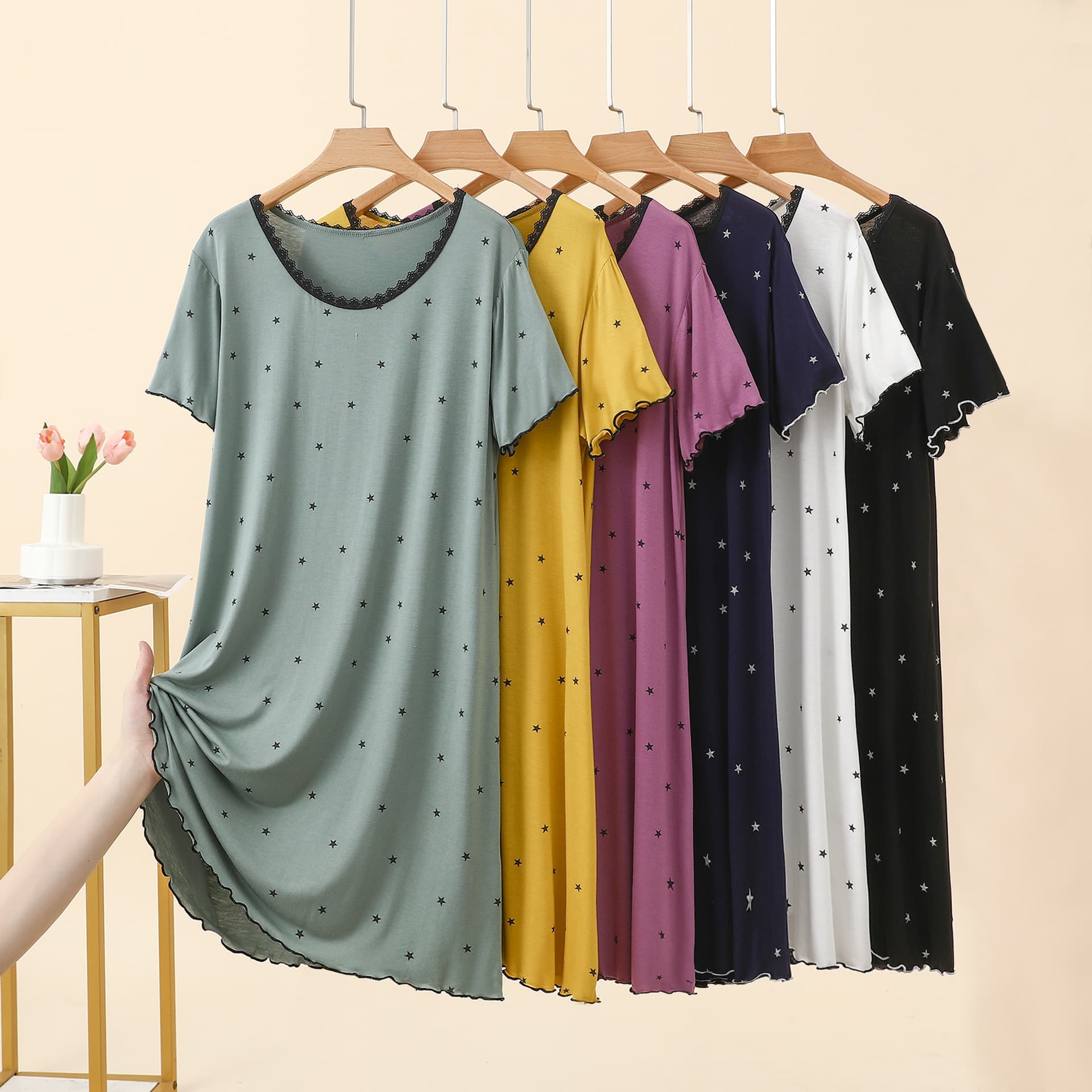 Modal Sweet Flying Round Neck Short Sleeve Dress Large Size Loose Home Skirt Fashion Five-Star Print Midi-Length Skirt