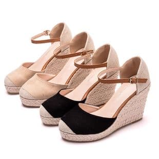 9cm Platform Wedge Heel Sandals with Rope and Straw Woven Design, Mary Jane Style, Large Size Thick Sole Sandals
