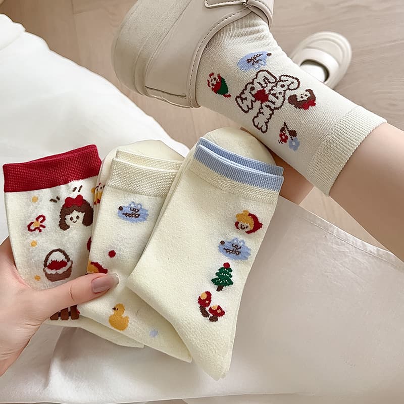 Fairy Tale Town Cartoon Socks for Women Spring Summer Cotton Mid-Calf Socks Ins Antibacterial Deodorant Women's Socks Internet Celebrity Stacked Socks Long Socks