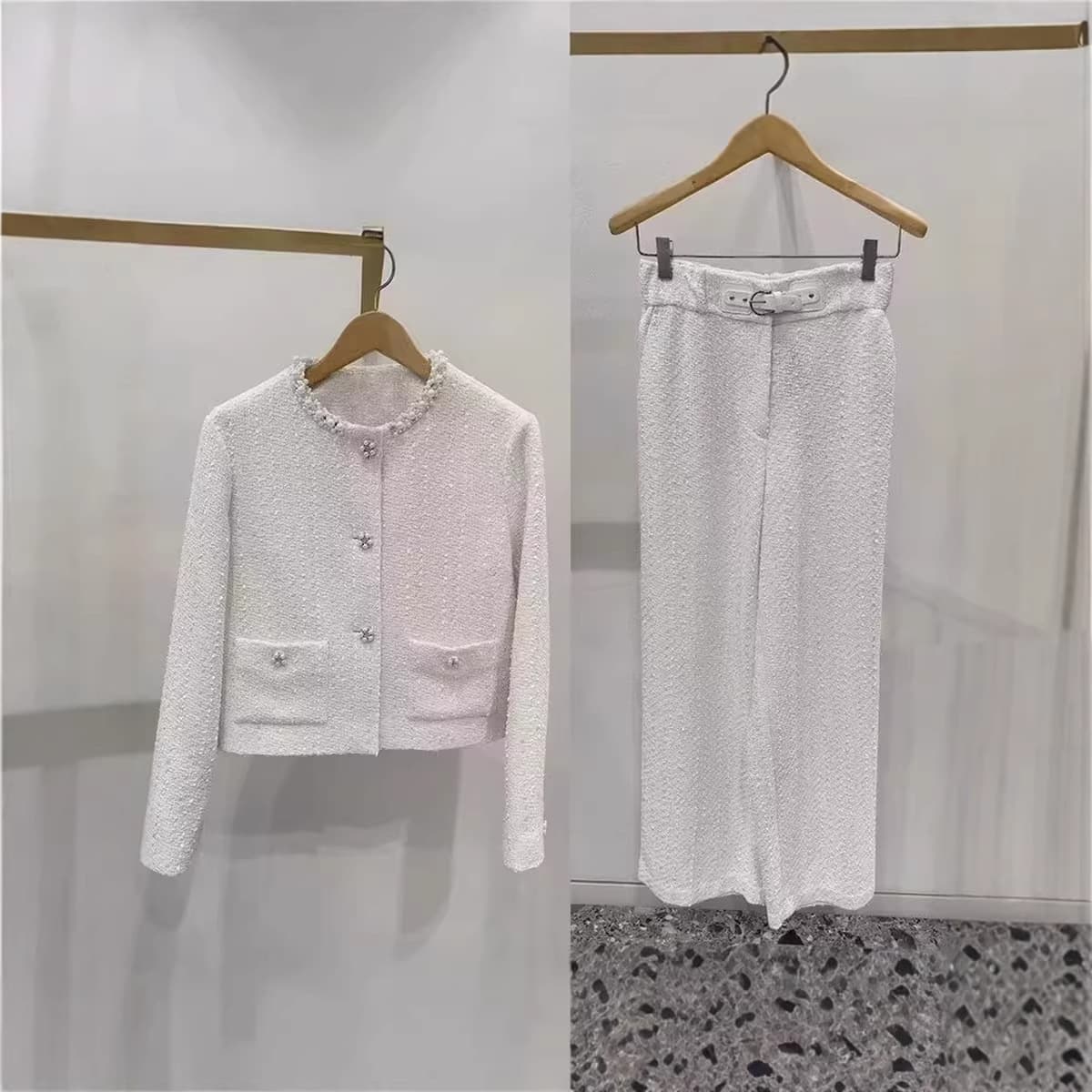 French Chic 2026 Spring Little Chanel-Style Beaded Round Neck Tweed Jacket + Wide-Leg Long Pants Set