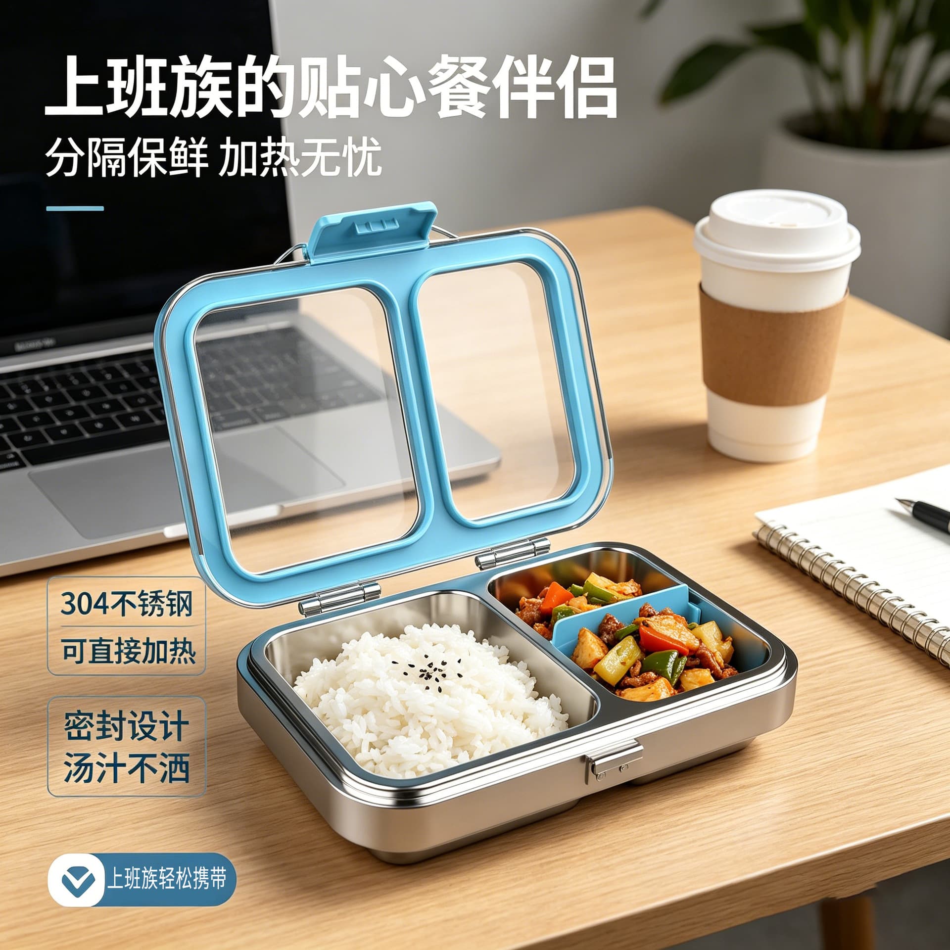 Large Capacity 304 Stainless Steel Lunch Box, Two Compartments, Transparent Lid, No Flavor Mixing, Portable Kids Fast Food Lunch Box for Outdoor Travel