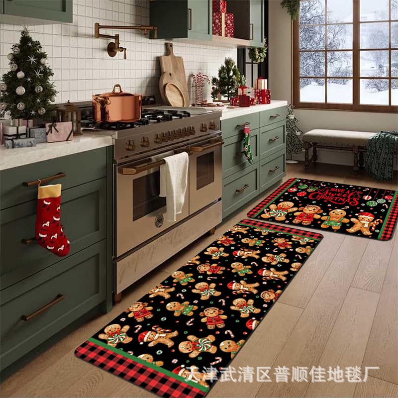 Retro Christmas Floor Mat Kitchen Holiday Decorative Carpet Cross-Border Wholesale In Stock Christmas Gingerbread Man Snowflake Floor Mat