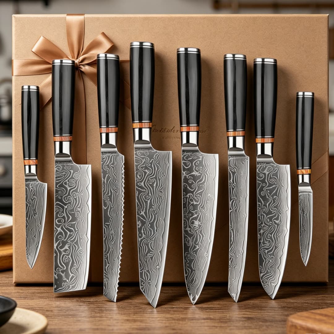 Cross-border Damascus Pattern Knife Set Kitchen Chef Knife Bread Knife Gift Box Restaurant Hotel