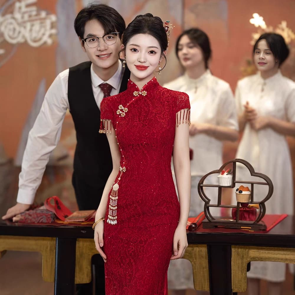 New Chinese-Style Wedding Dress Bride Toast Dress Return Door Cheongsam Wine Red Dress Women's Summer