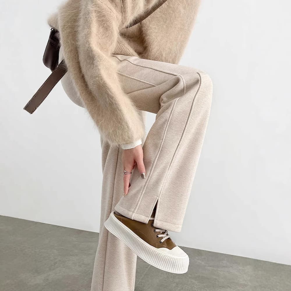 Spring and summer 2025 new herringbone pattern new wide-leg pants for women woolen slit pants straight-leg narrow version banana pants for women