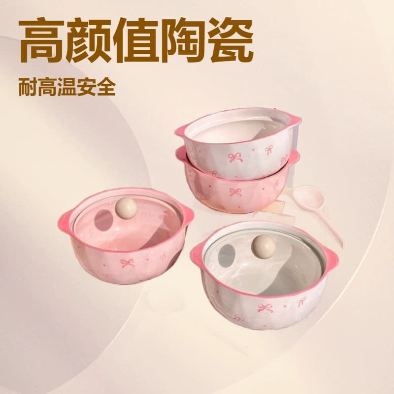 New Fairy-Style Noodle Bowl with Bow, High-Gloss Ceramic, Heat-Resistant, Premium with Lid, Girly Luosifen Bowl