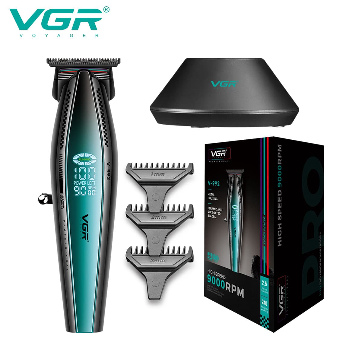 VGR992 Professional Men's Hair Clipper with Base Large Power Rechargeable Carving Digital Display Hair Trimmer Non-Waterproof