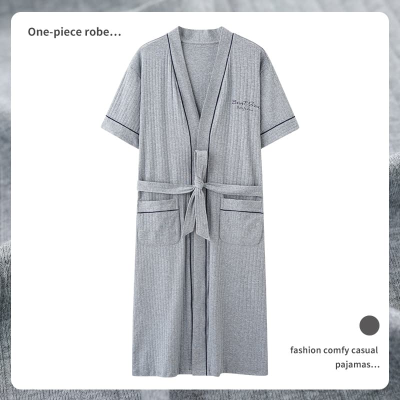 Pure Cotton Nightgown Men's Spring and Autumn Long Sleeve Loose Large Size Bathrobe Mid-length Thin All-cotton Outwear Home Wear