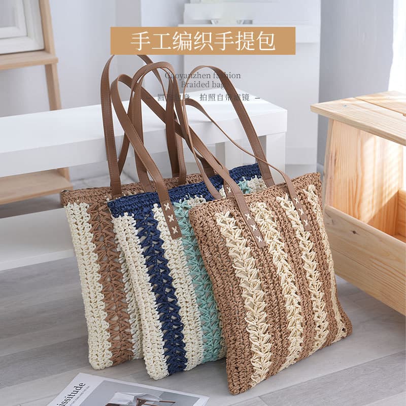 2026 New Striped Contrast Color Straw Woven Handbag Casual Hollow Out Women's Large Capacity Versatile Travel Shoulder Bag