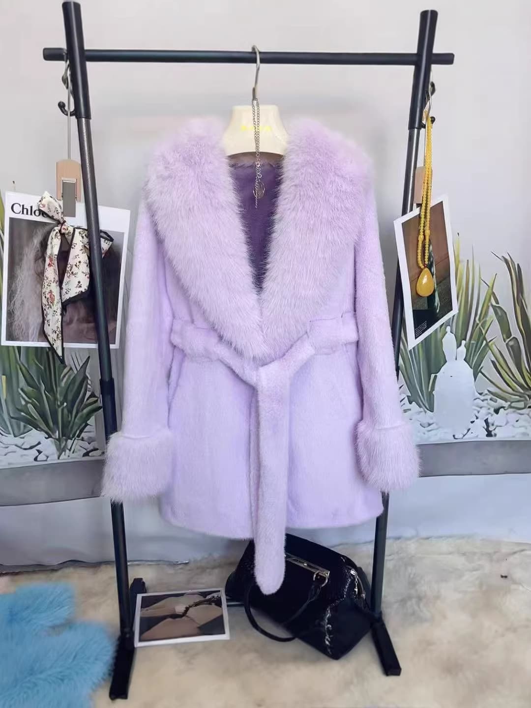 Mid-Length 2026 Mink Velvet Coat with Belt, Waist-Cinching, Fur Collar, Thickened Fashion Outerwear