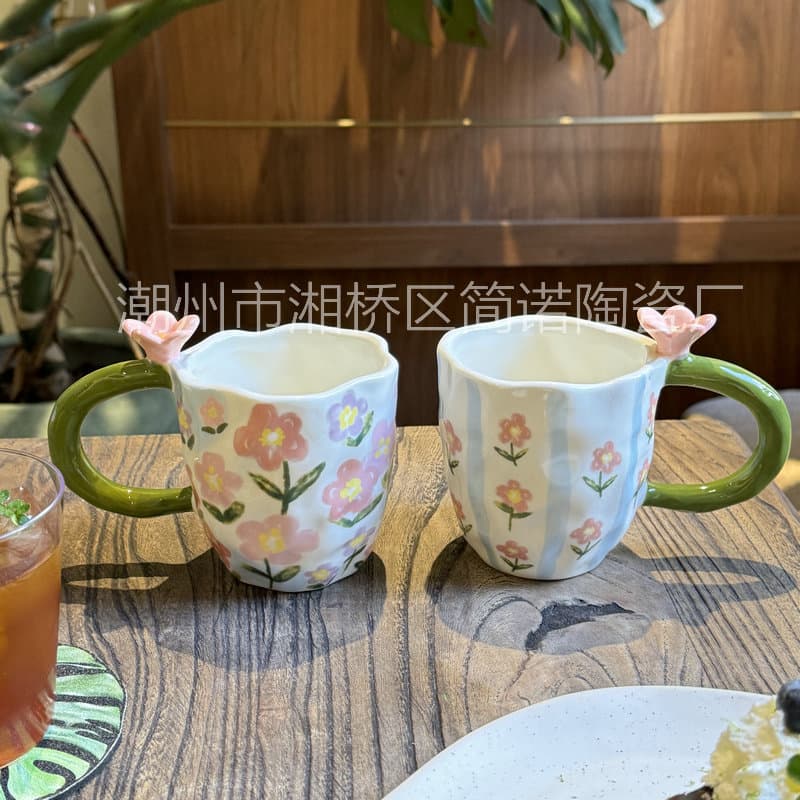 Flower surface copyright three-dimensional pink flowers green handle irregular ceramic hand pinch cup watercolor coffee mug
