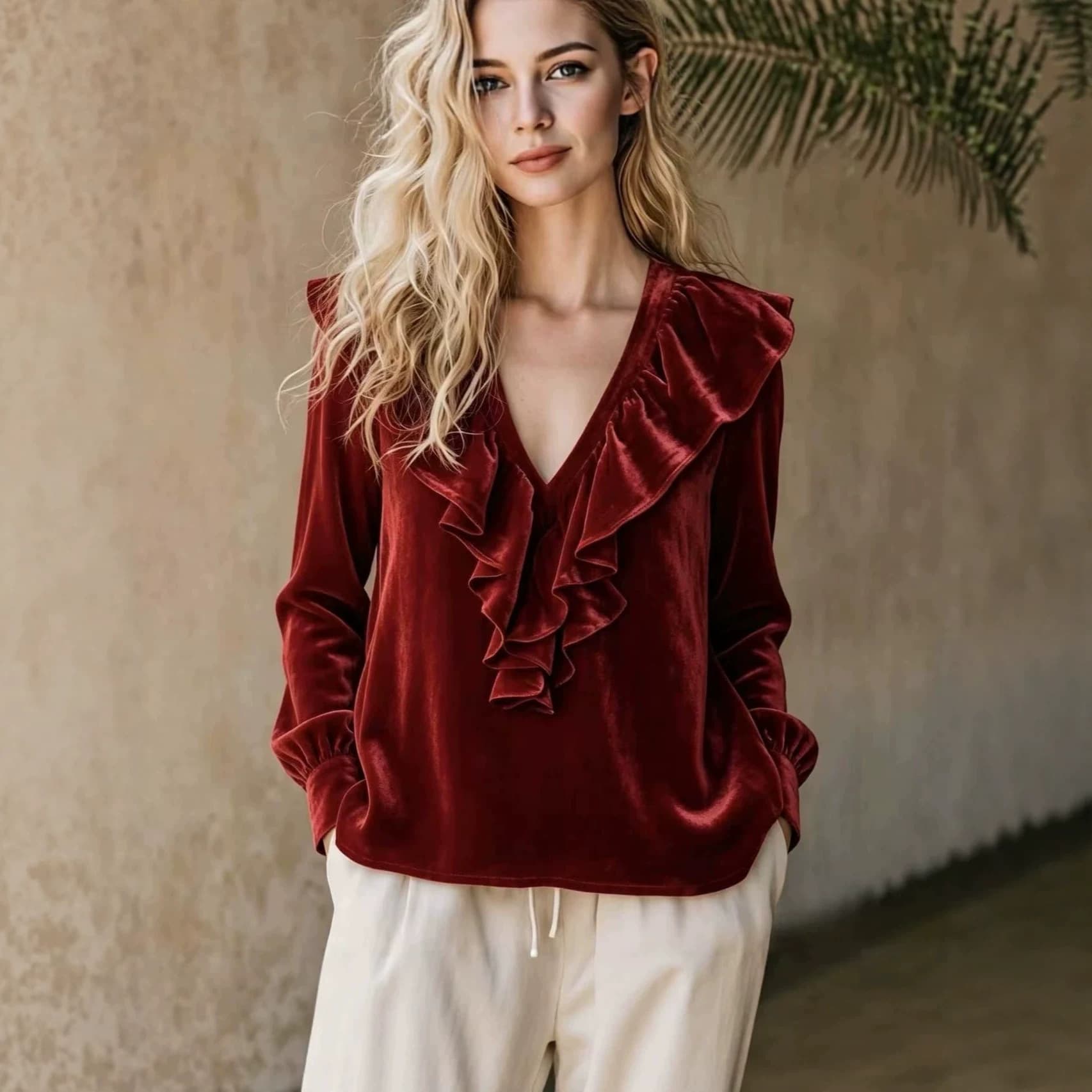 2026 Fall New Velvet V-Neck Ruffle Elegant Blouse for Women, Amazon Cross-Border