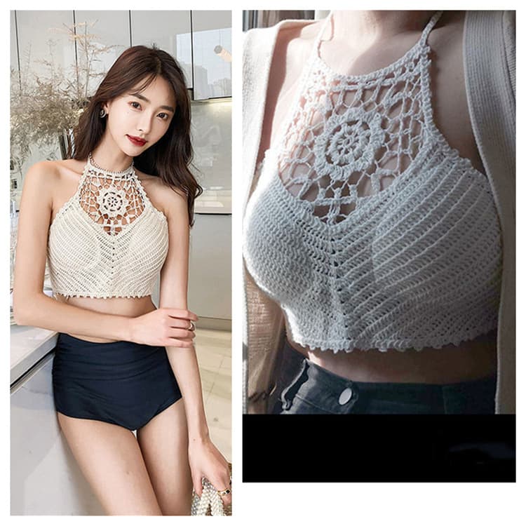 Halter Neck Camisole Top Women's Backless Hollow Out Embroidery Ethnic Style Wearable Cutout Design