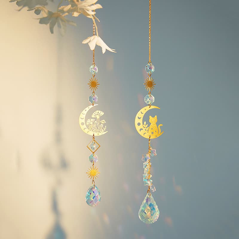 Moon Cat Crystal Sun Catcher Hanging Ornament Light and Shadow Rainbow Pendant Home Garden Party Decoration Crystal Stone