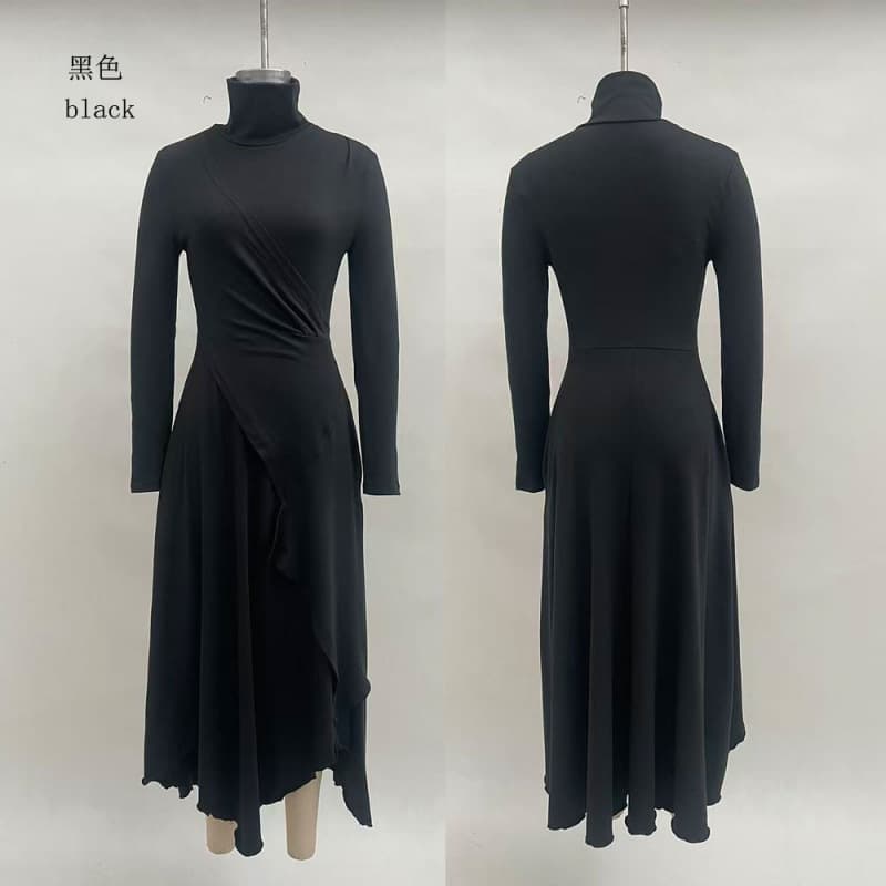 European and American Style 2026 Fall/Winter New Arrival Amazon Cross-Border Women's Solid Color Long-Sleeve High-Neck Cross Asymmetrical Dress