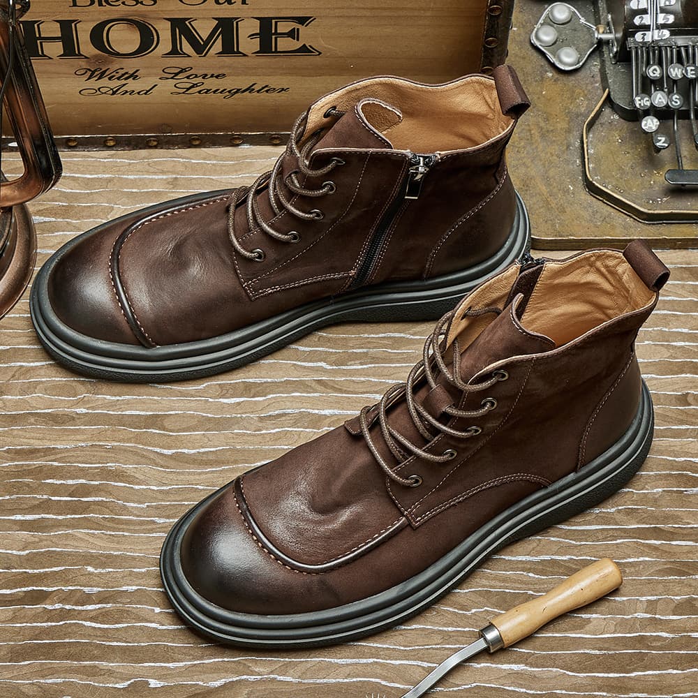AmeKaji Autumn/Winter New Martin Boots Men High-Top Stitched Vintage British Style Genuine Leather Casual Mid-Top Cowhide Boots