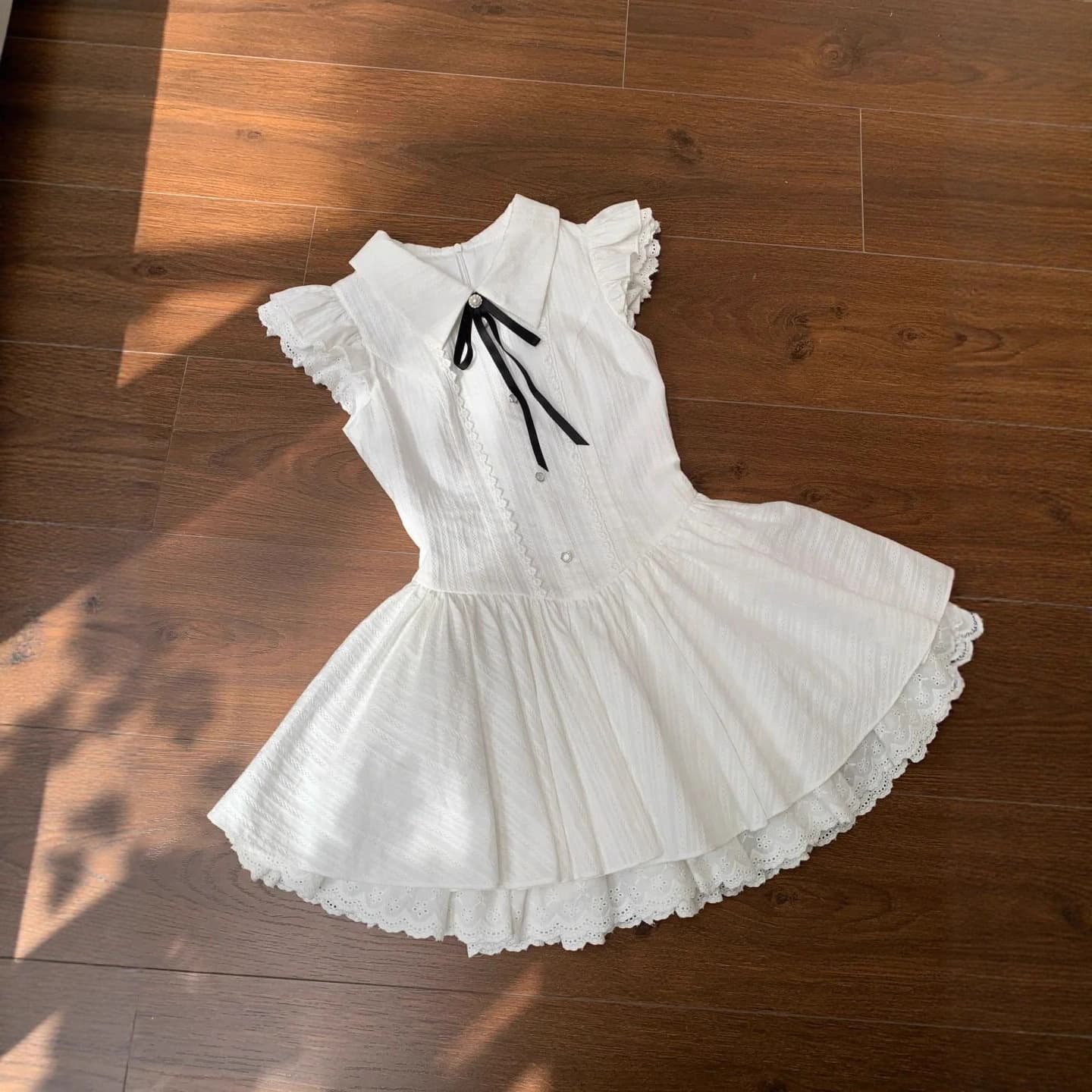 Girls Lace-Trimmed Dress for Older Kids, Summer New Sweet School Style Solid Princess A-Line Dress