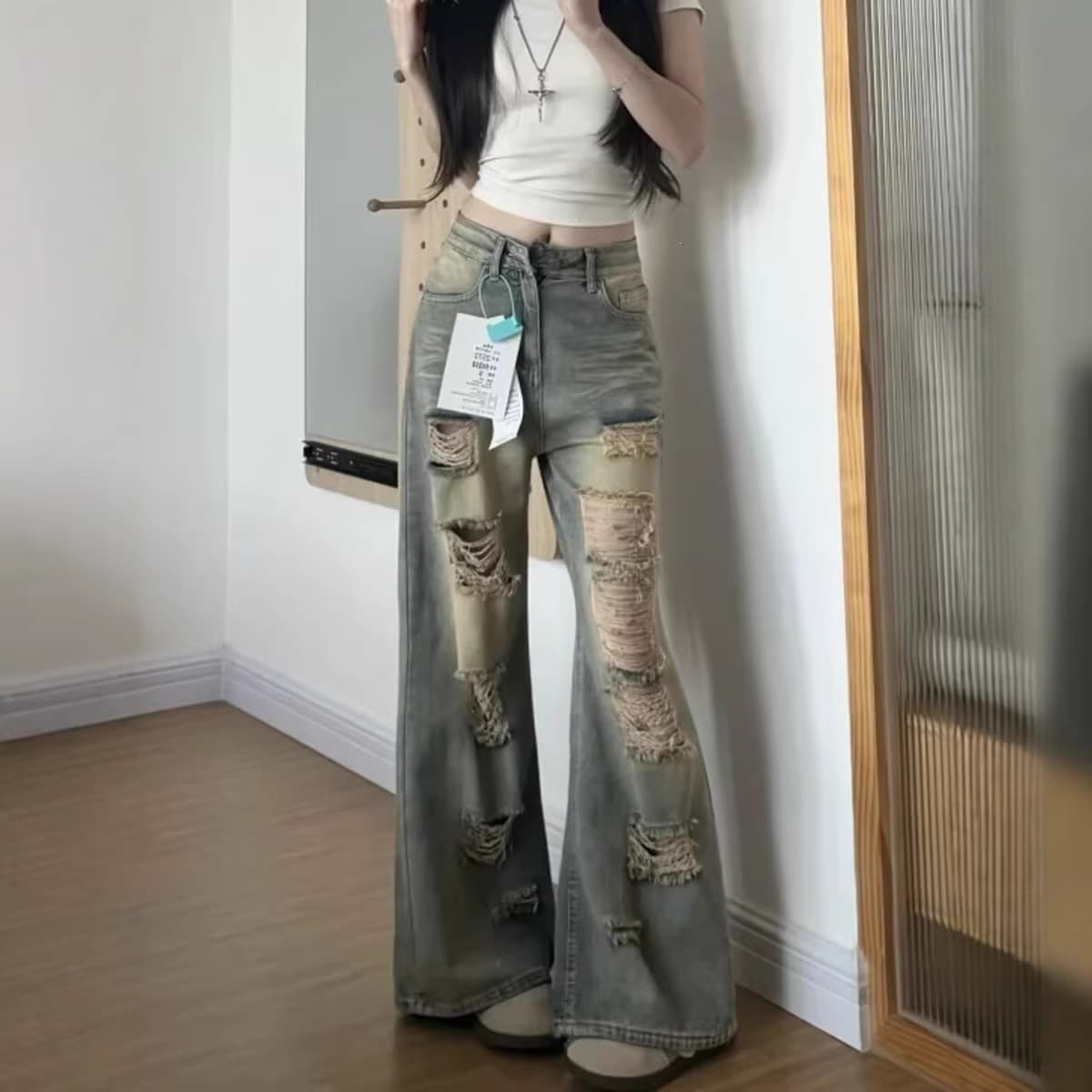 Petite American Vintage Distressed Ripped Flared Jeans for Women High-Waist Loose Slim Straight-Leg Floor-Length Pants