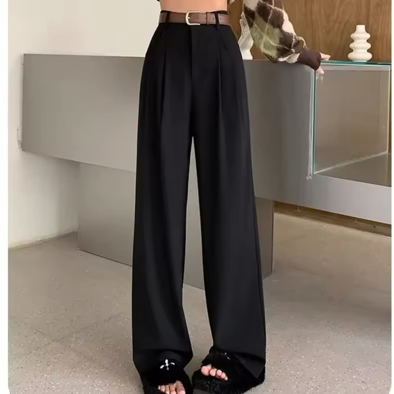 Korean-style Women's Tailored Trousers with Draped Design, Spring/Fall New Trendy High-Waist Straight-Leg Casual Floor-Length Slim Wide-Leg Pants