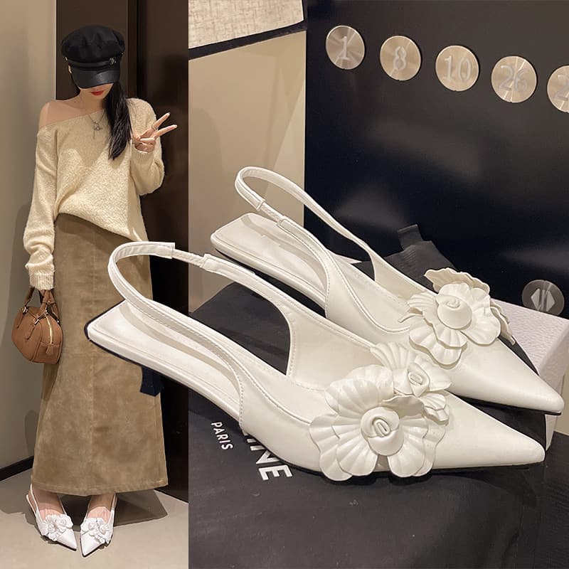 Pointed Sandals Women's 2025 Summer New Arrival Closed Toe Back Strap Kitten Heel High Heels Floral Shallow Mouth Work Sandals