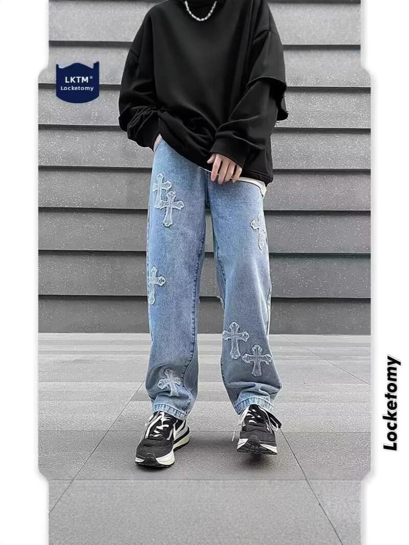 Men Baggy Trousers Cross Mens Loose Jeans Pants Women Denim
