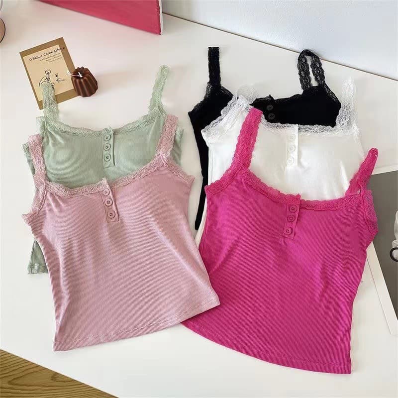 9062 Korean-style Lace Camisole Top for Women with Built-in Pads, Versatile Short Backless Sleeveless Blouse