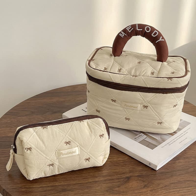 New Bow Quilted Cosmetic Bag Women's Portable Travel Toiletry Bag Lipstick Makeup Organizer Pouch Cross-border