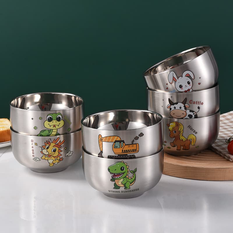 Cartoon Cute Kids Stainless Steel Bowl Food Grade Twelve Chinese Zodiac Baby Insulated Double-Layer Household Rice Bowl E18