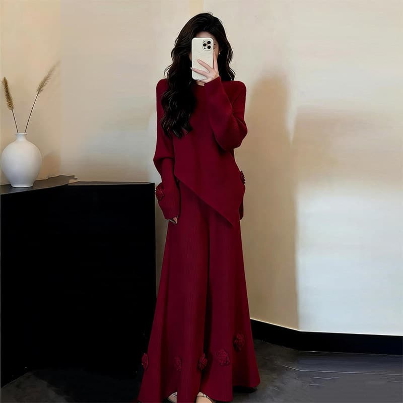 Elegant Red Knitted Dress for Women, Stunning Winter Outfit with Waist-Cinching Premium Look, Beautiful Long Dress for Layering