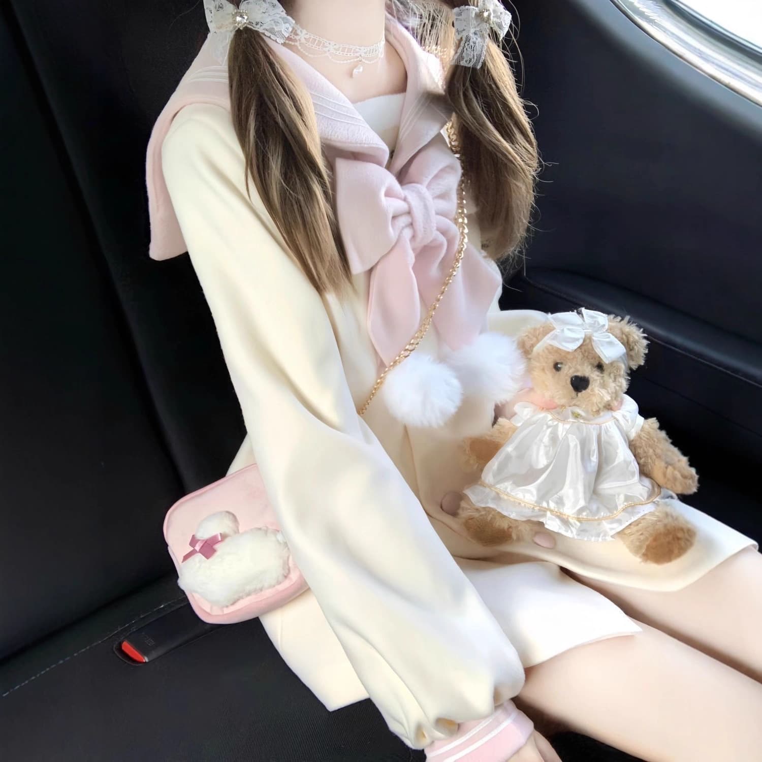 Preppy Bow Autumn Winter Cute Age-Reducing Navy Collar Wool Coat Soft Forest Style Outerwear for Women