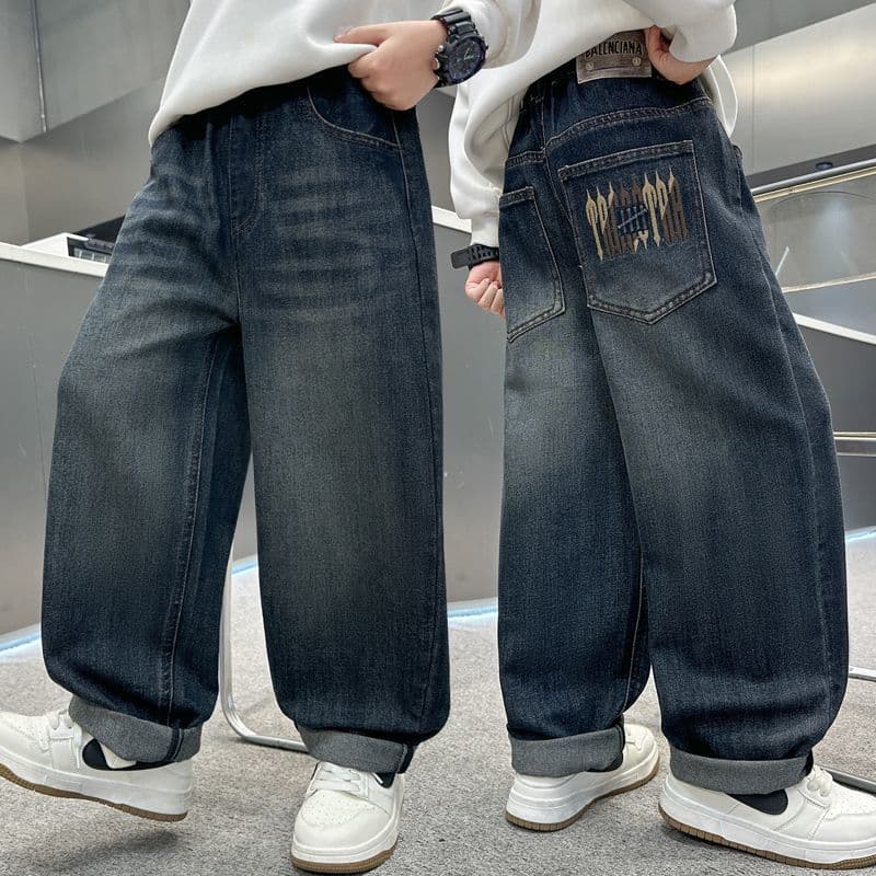 Boys' jeans, spring and autumn style, fleece-lined, suitable for medium and large children, 2025 Korean style loose casual pants, fashionable.