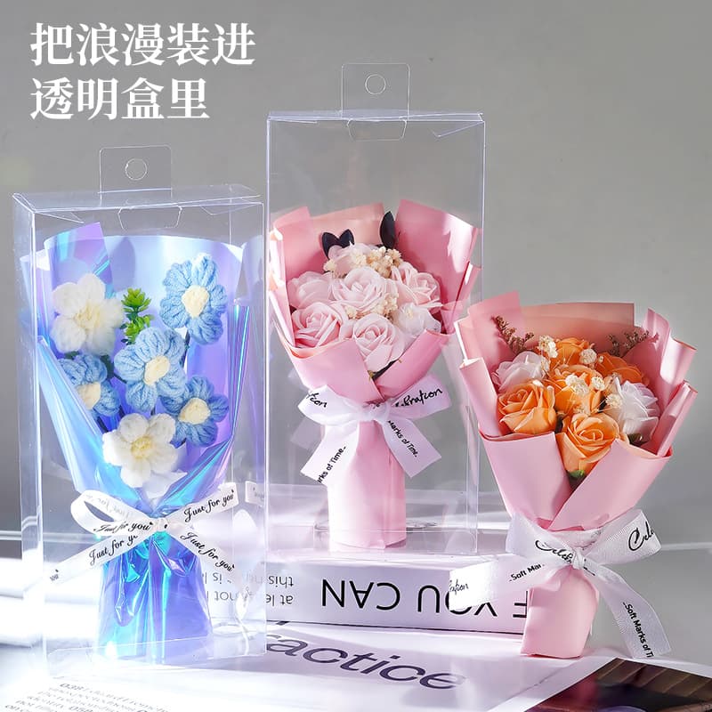 Valentine's Day Gift for Girlfriend Creative Soap Flower Bouquet PVC Gift Box Cross-border Finished Knitted Flower Bouquet Foreign Trade