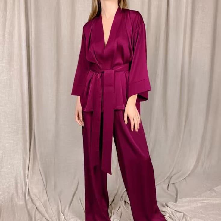 European and American Export Autumn Long-Sleeve Cardigan Robe Set for Women, Tie-Waist Home Loose Pants Pajama Set Wholesale
