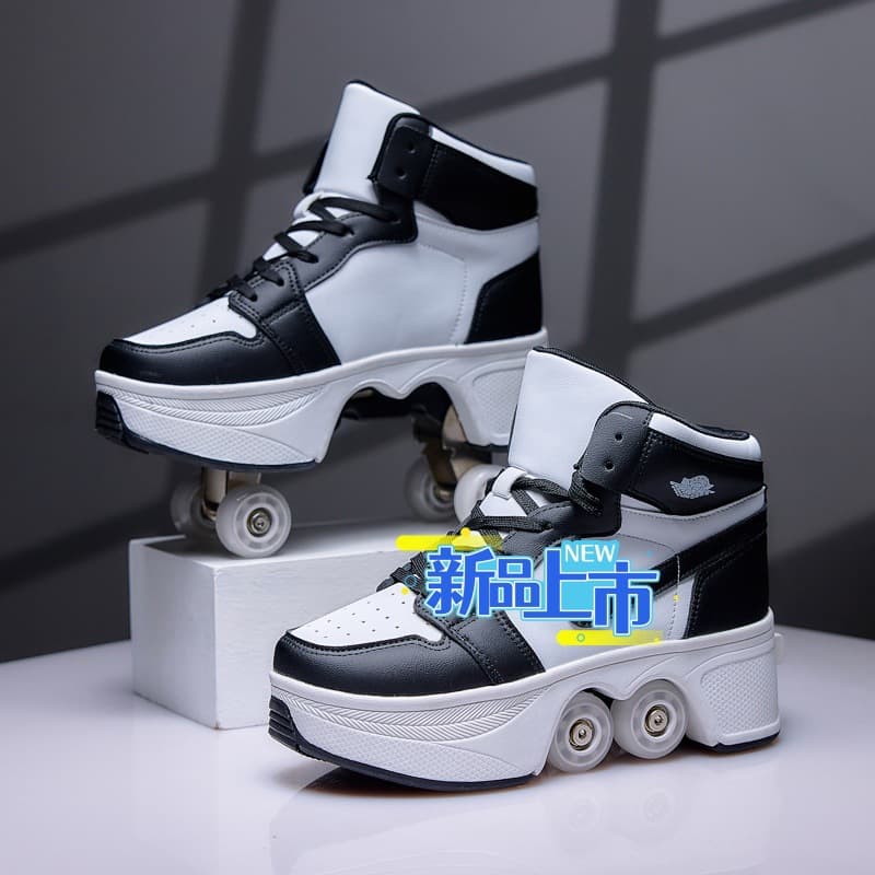 Trendy Automatic 4-Wheel Transforming Stunt Shoes for Older Kids, Double-Row Roller Skates with Removable Brake and Retractable Wheels
