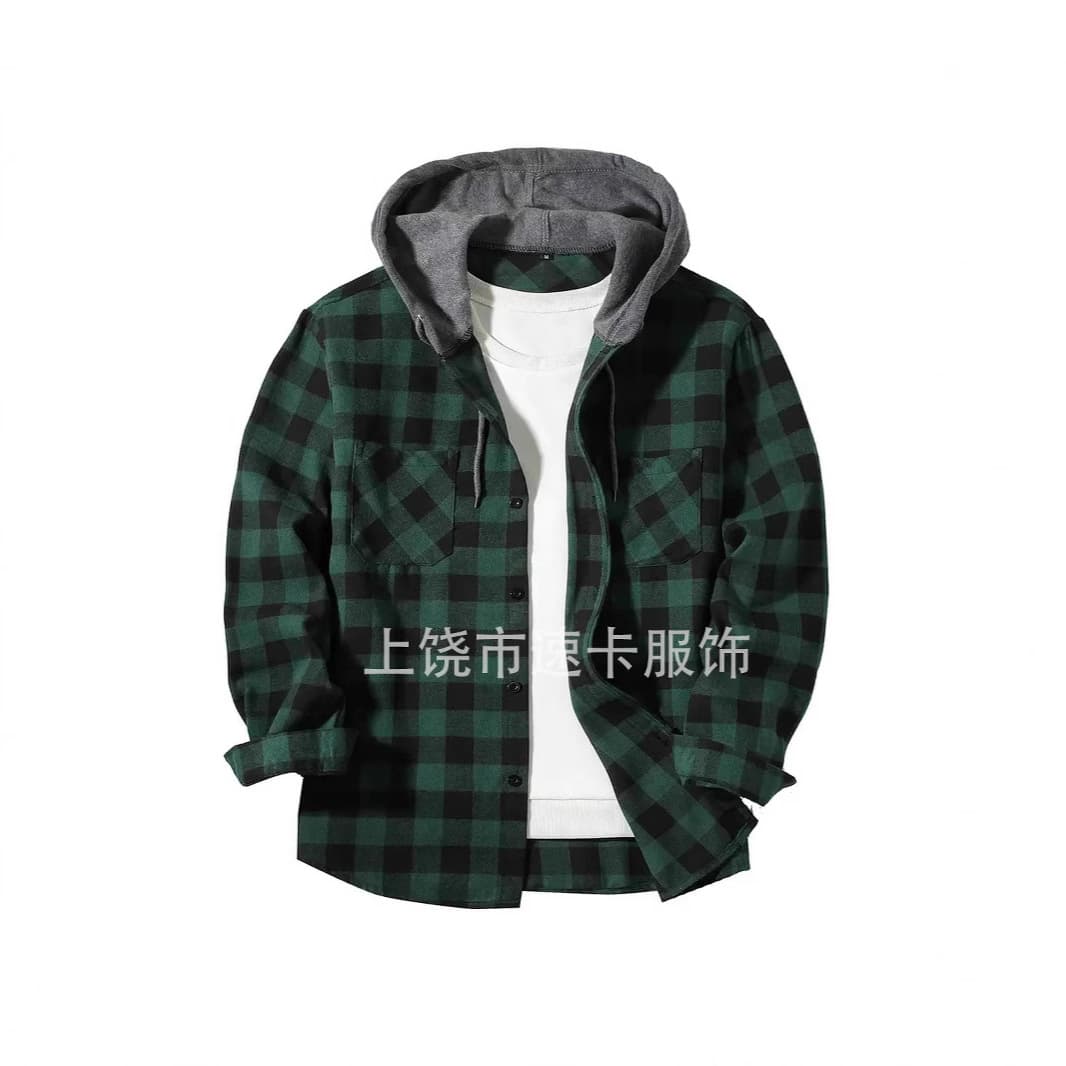 New Cross-Border Plaid Hooded Shirt Amazon Flannel Plaid Hooded Shirt European and American Sizes Double Flap Pockets