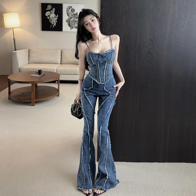 8257 Southeast Asia Cross-Border Foreign Trade Women's Clothing Wholesale Retro Frayed Denim Camisole Top High-Waisted Wide-Leg Pants