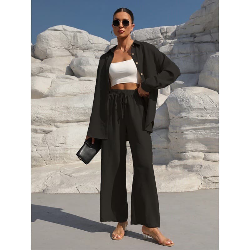 TEMUwish2025 European and American cross-border loose two-piece wide-leg trouser casual suit wholesale apricot color