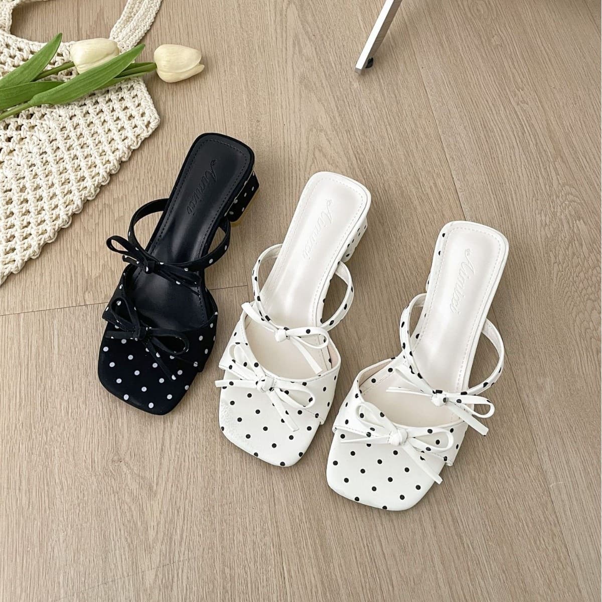 Polka Dot Bow Slide Sandals for Women 2026 Summer French Elegant Casual Chunky Heel High Heel Slippers