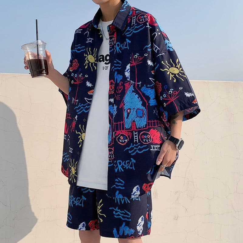 Casual Summer Beach Set Men's Thin Loose Handsome Beach Clothes Hawaiian Shorts Floral Shirt Two-piece Set Lightweight Cotton Polyester Blend