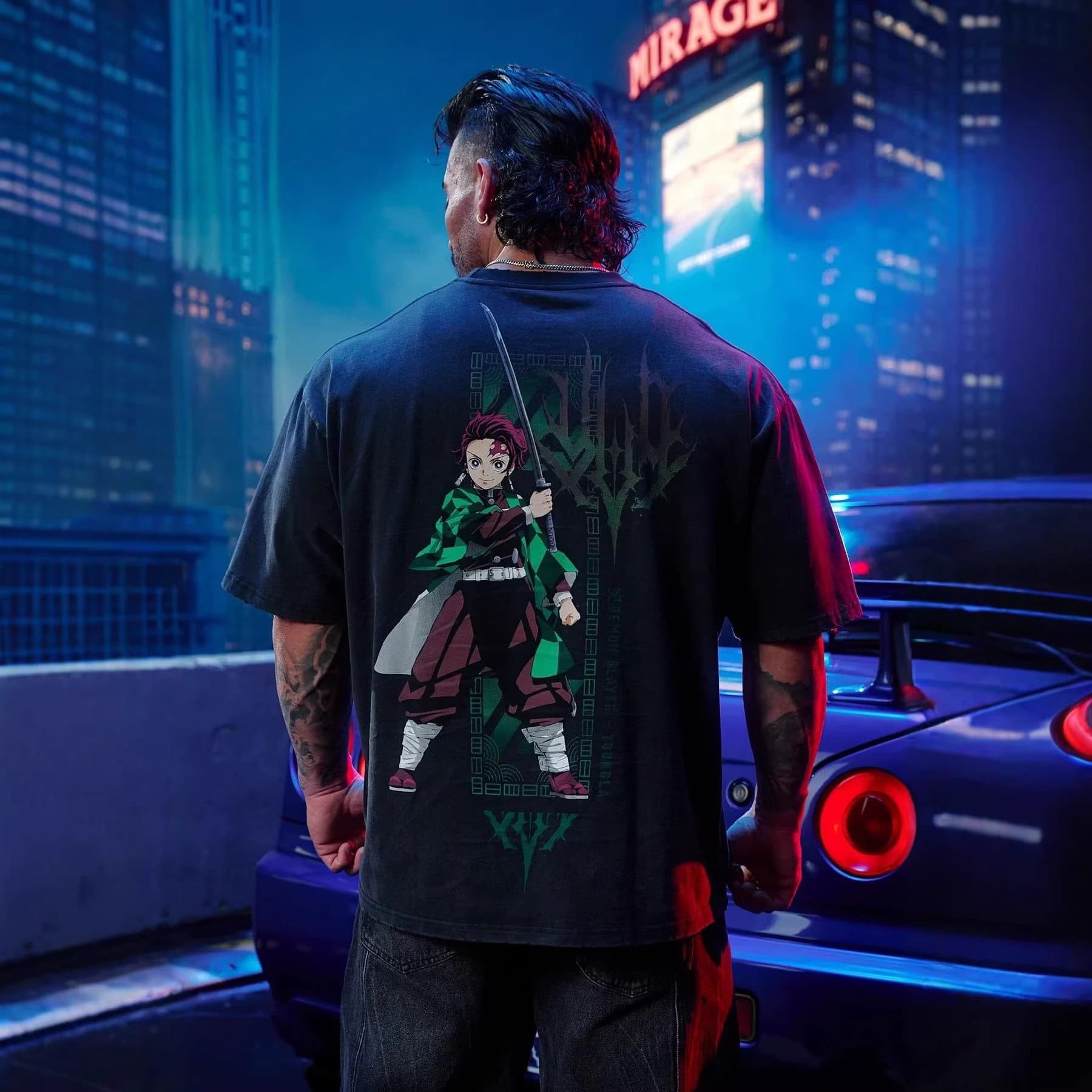YOUNGLA co-branded American trendy sports and fitness wear loose large size printed Demon Slayer: Kimetsu no Yaiba men's short-sleeved T-shirt