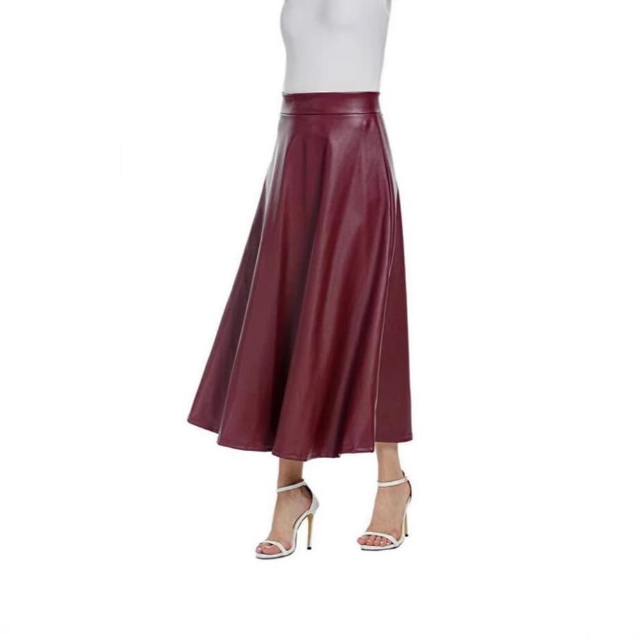 2022 European and American AliExpress Amazon Export Early Spring Fashion Elegant High-Waist Long Flared Leather Skirt for Women