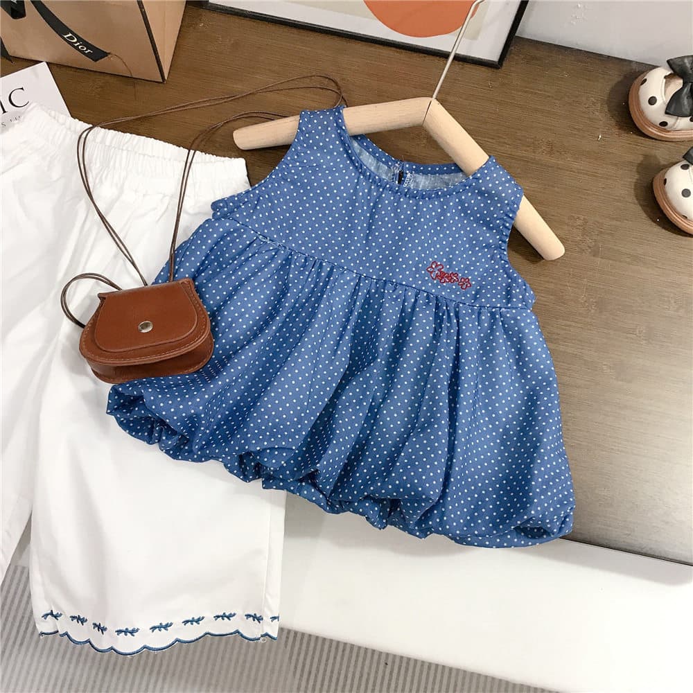 Korean girls polka dot sleeveless suit fresh blue and white baby doll shirt wide leg pants baby sweet two-piece set 26187