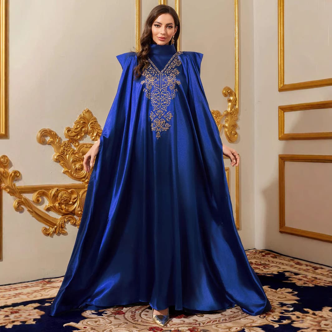 Arabian Dubai Long Robe Dress High Collar Loose Women's Dress Evening Gown Polyester Fabric Lace Element Floor-Length Skirt