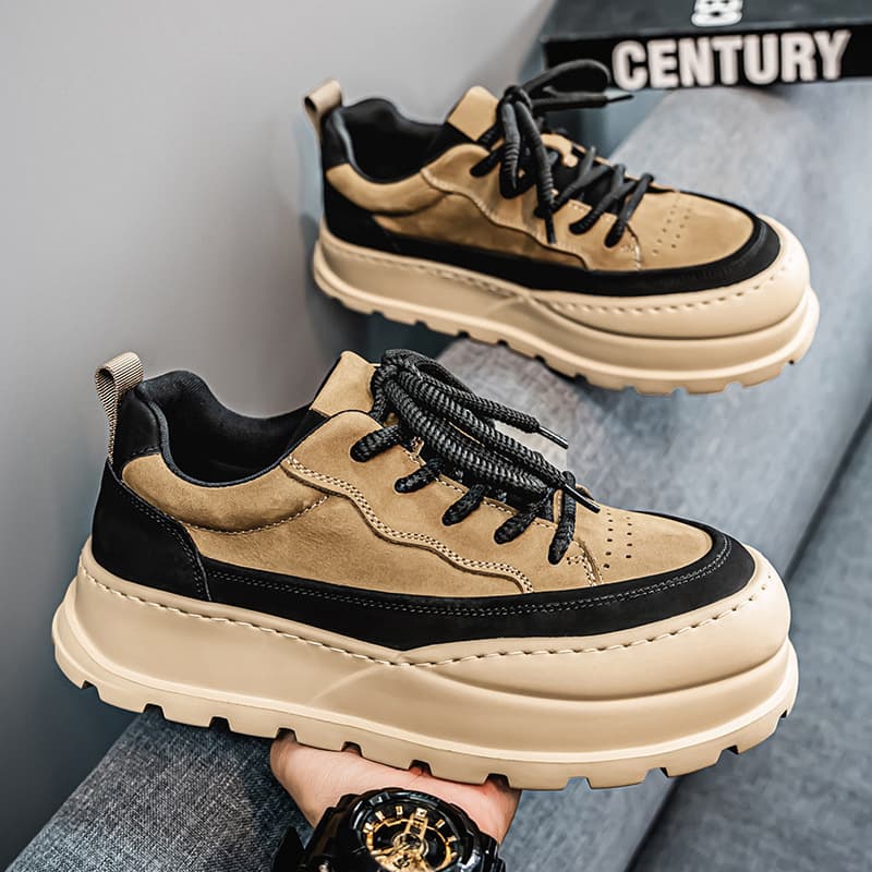 European Men's Spring Leather Retro Chunky Sneakers with Thick Sole, High-End Niche Anti-Slip Casual Shoes