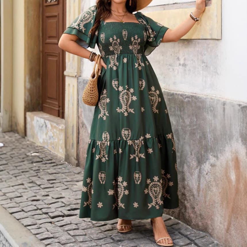 Plus Size Women's Vintage Square Neck Long Dress Short Sleeve Midi Loose Fitting Slimming Special Large Size Printed Skirt