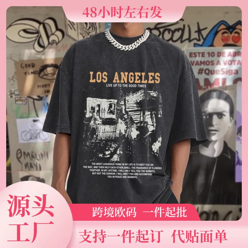 [Cross-Border European Size] Pairxily Graphic T-Shirt Men's Acid Washed Los Angeles Vintage T-Shirt Streetwear